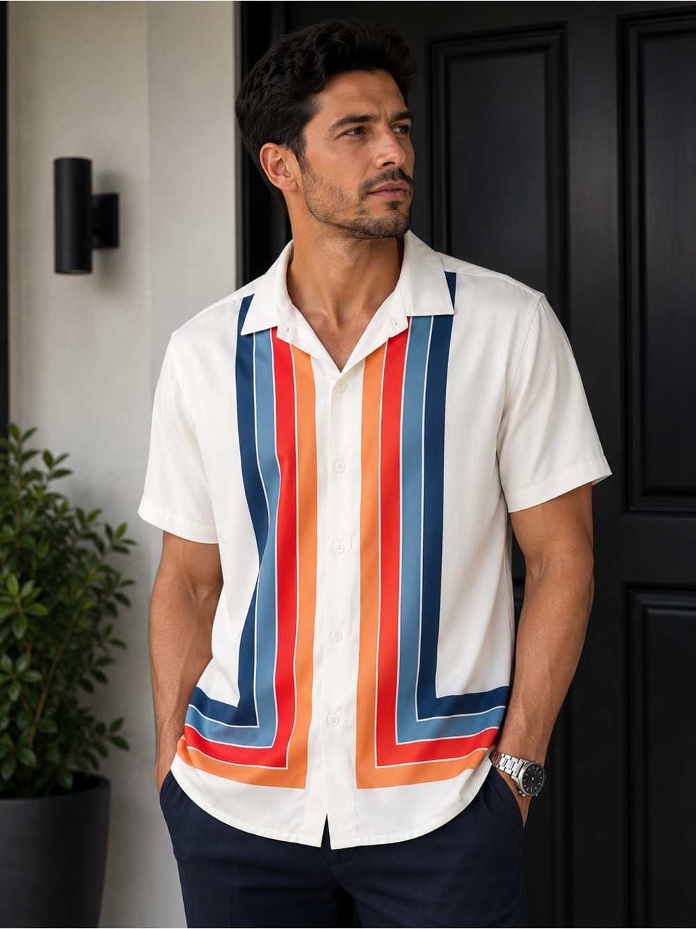 SHEIN Cream Short-Sleeve Button-Up Shirt with Blue and Orange Stripes